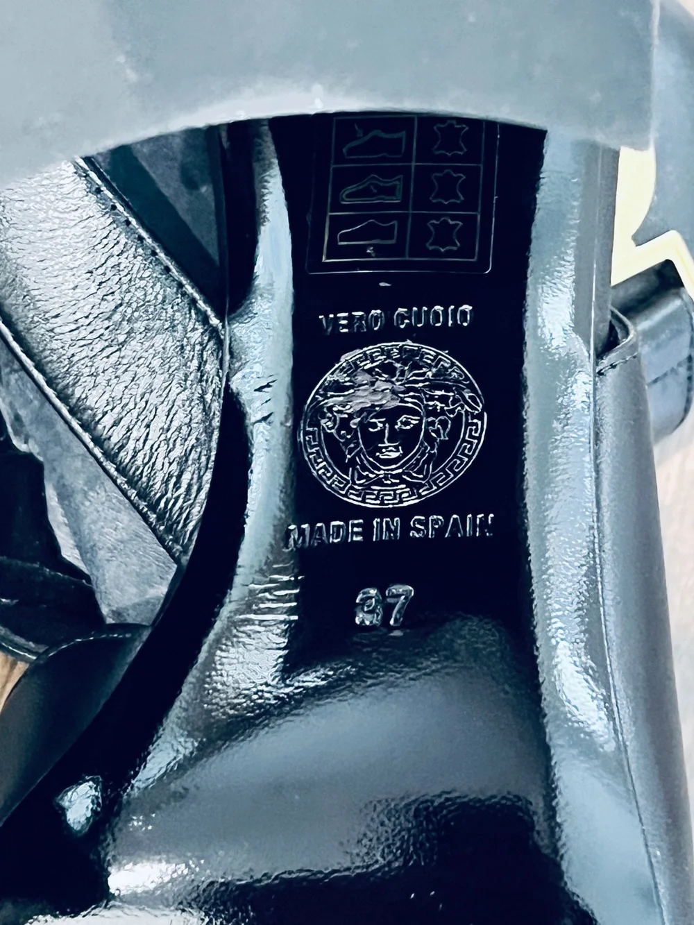 Classic Versace Black Leather Slingback Heels with Gold Medallion Accent